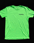 Neon green t-shirt with 'Lurkin' logo on a black background