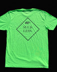 Neon green t-shirt with 'Suck Less' text on a black background