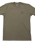 An olive green short-sleeve t-shirt with a small black text graphic, high standards high morale on the left chest, displayed flat against a white background.