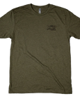 Olive green t-shirt with a small logo on the chest against a black background