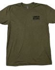 Olive green t-shirt with 'Lurkin Apparel' logo on a black background