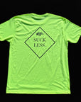 Neon yellow t-shirt with 'Suck Less' text on a black background