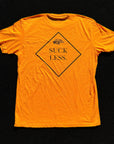 Orange t-shirt with 'Suck Less' graphic on a black background