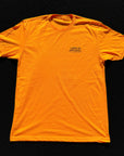 Orange t-shirt with a brand logo on a black background