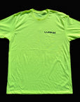 Neon green t-shirt with 'LUNKIN' logo on a black background