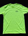 Neon yellow t-shirt with a brand logo on a black background