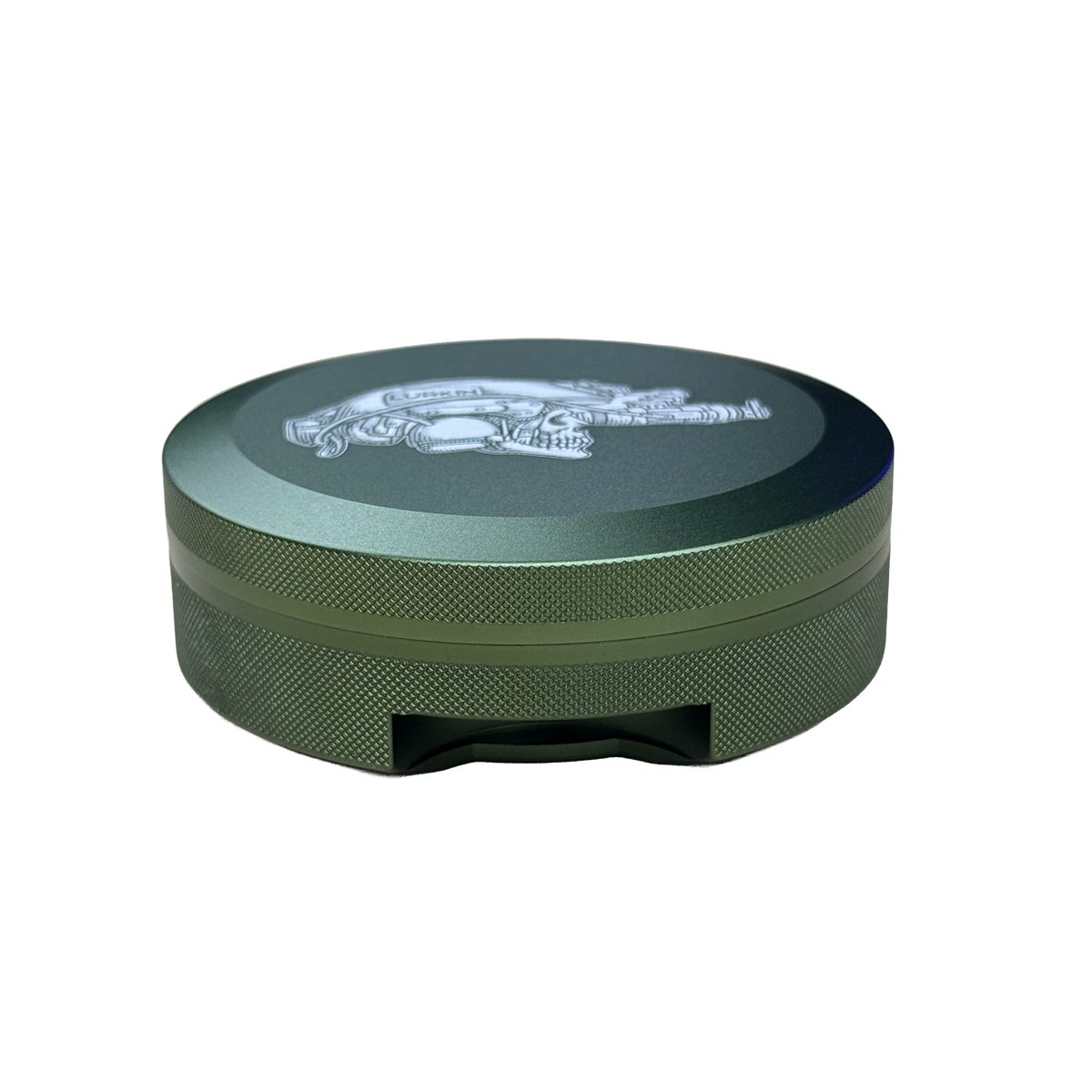 A OD round metal container with a textured olive green featuring a white graphic logo on top. 