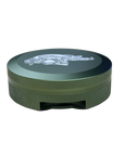A OD round metal container with a textured olive green featuring a white graphic logo on top. 