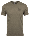 A short-sleeve t-shirt in olive green, featuring a small black text graphic on the left chest that reads 'HIGH STANDARDS HIGH MORALE'.
