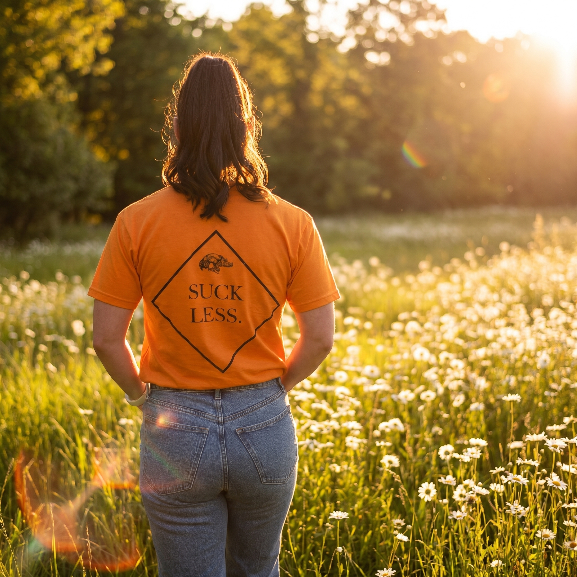 Person wearing an orange shirt with text standing in a field at sunset