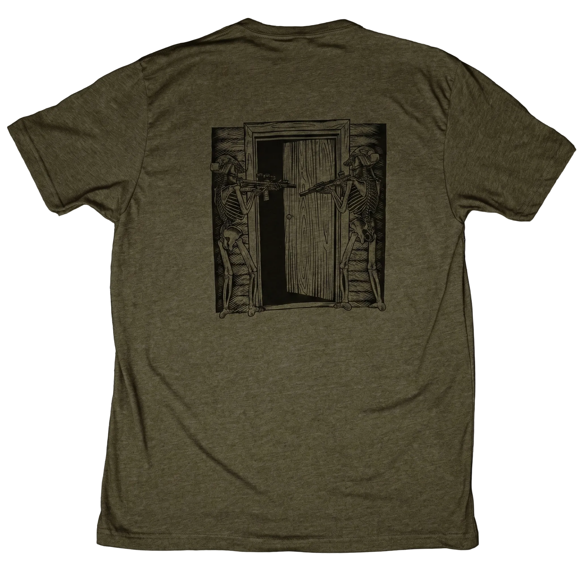 Green t-shirt with a graphic design of skeletons with rifles on a wooden door.