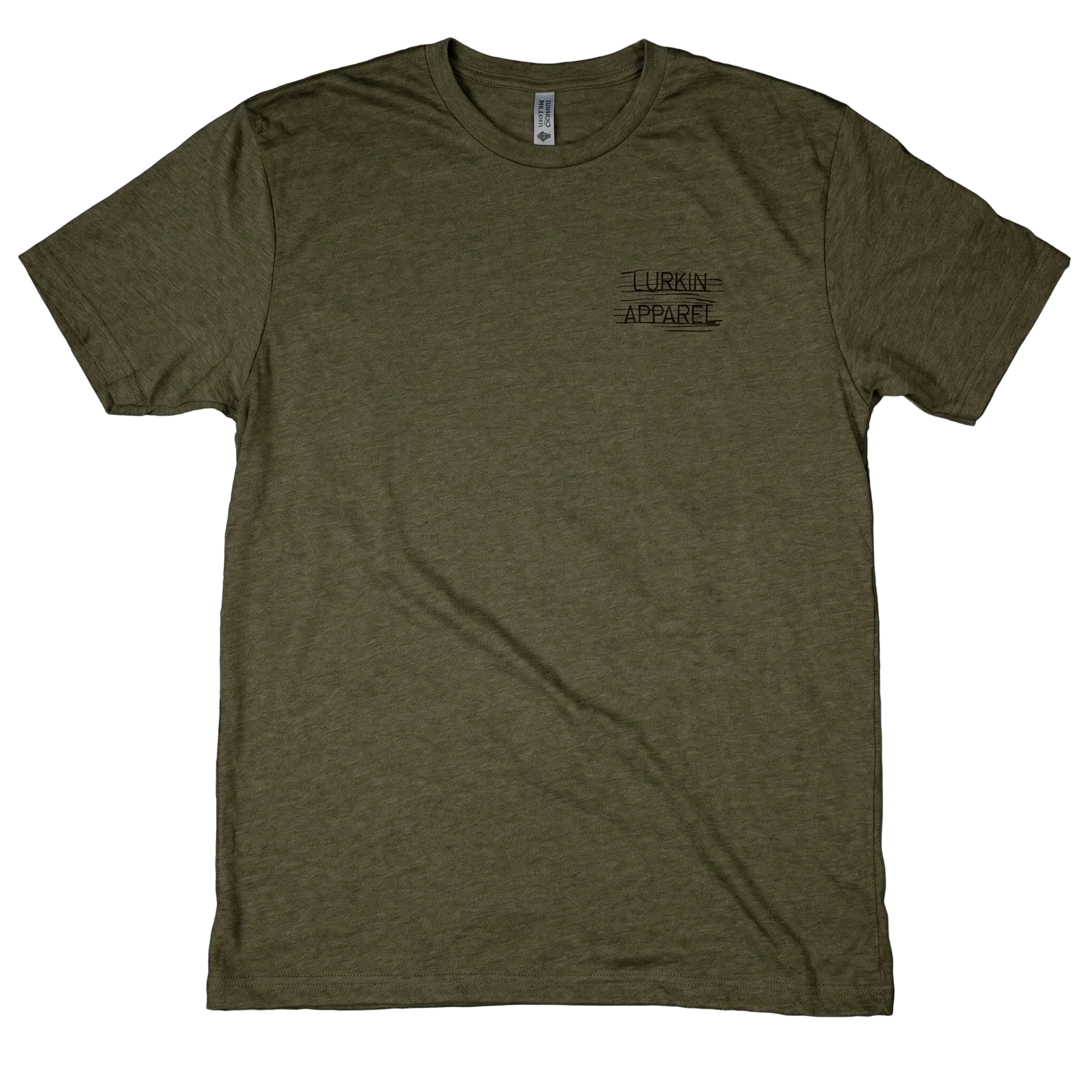 Olive green t-shirt with a small logo on the chest against a black background