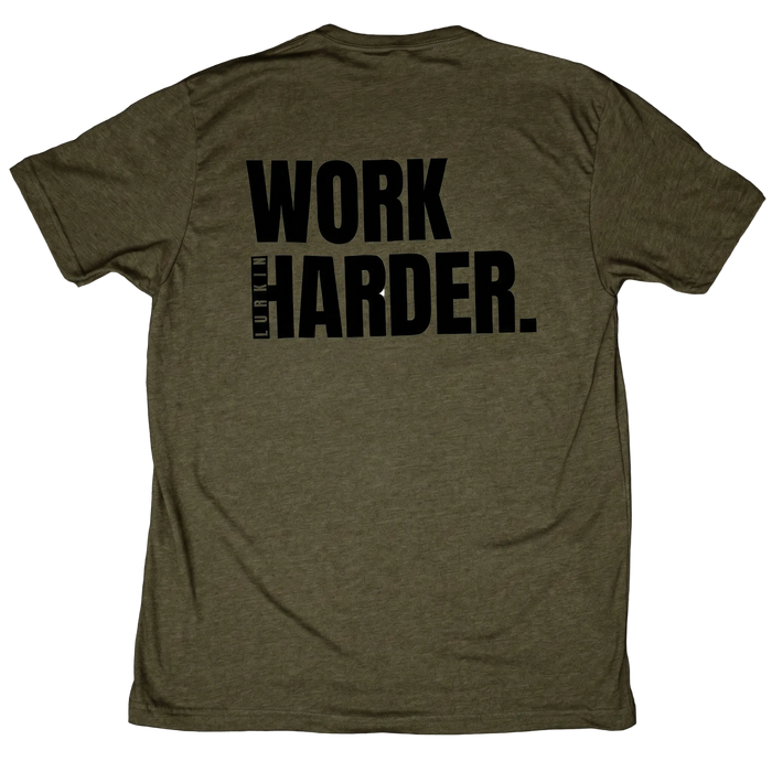 Green t-shirt with 'WORK HARDER.' text on the back against a black background
