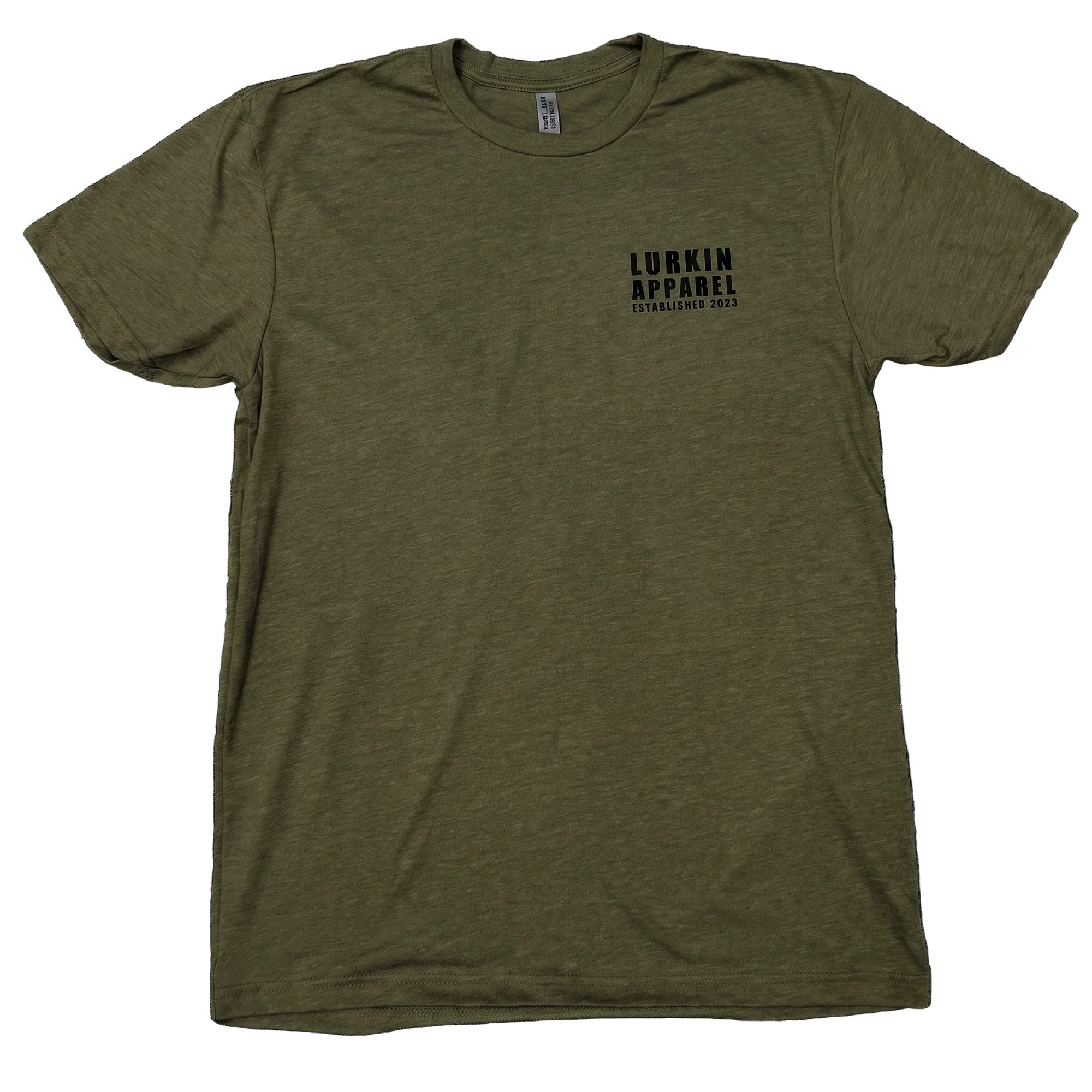 Olive green t-shirt with 'Lurkin Apparel' logo on a black background