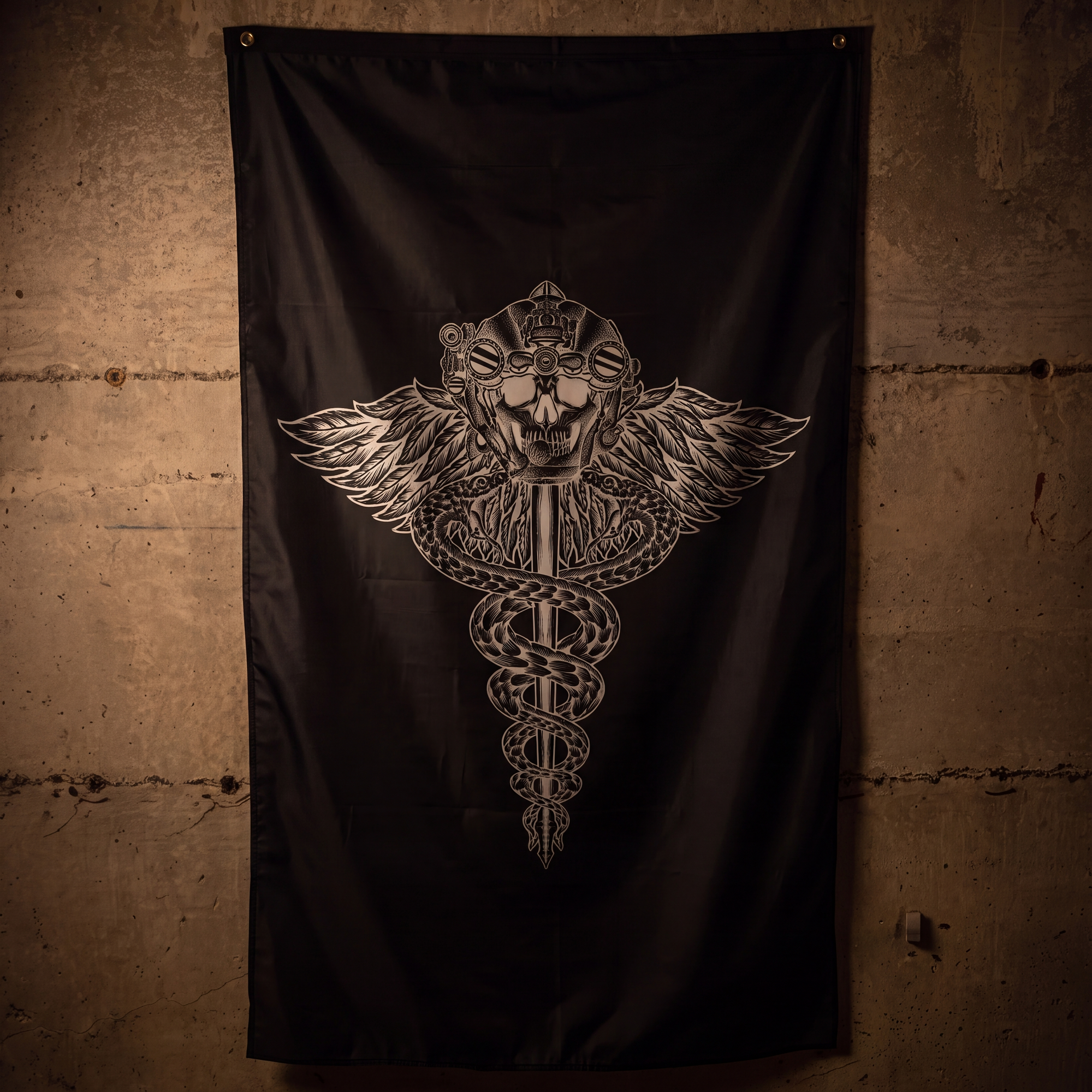 A black flag featuring a detailed silver graphic of a winged caduceus with a skull and crown, hanging against a textured concrete wall.